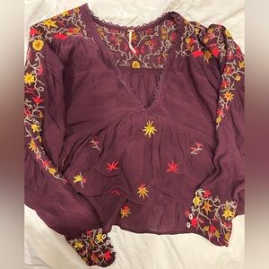 Free People Embroidered Purple Top